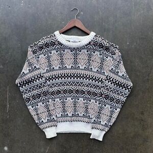 Vintage George Valenhan Multi Colored Knit Sweater Size Large Brown White Black